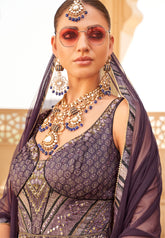 Exclusive latest Purple designer Gown in pure pv silk and foil print with net duppatta detailed embroidery, hand and mirror work